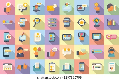 Los iconos de testimonios de clientes establecen el vector plano. Revisión del servicio. Cliente positivo