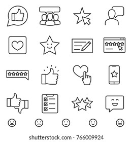 Customer testimonials icons set. linear style. Testimonials, evaluation and feedback of a social network user. Line with editable stroke