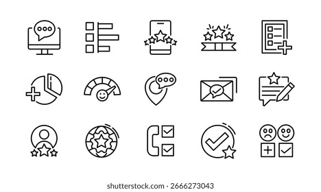 Positionssymbolsatz "Kundenreferenzen". Kundenzufriedenheit, Feedback, Testimonials Line Icon Set. Umfrage, Kundenbewertung, Fünf-Sterne-Symbol-Set. Symbolpaket für dünne Linien verwenden.
