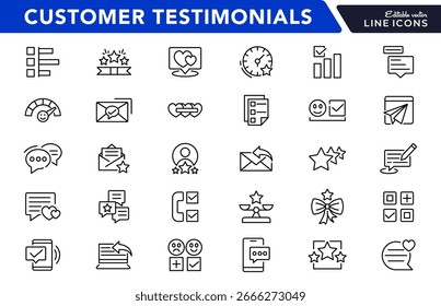 Positionssymbolsatz "Kundenreferenzen". Kundenzufriedenheit, Feedback, Testimonials Line Icon Set. Umfrage, Kundenbewertung, Fünf-Sterne-Symbol-Set. Symbolpaket für dünne Linien verwenden.