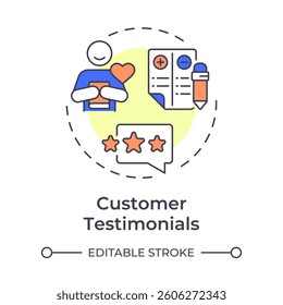 Customer testimonials multi color concept icon. Reviews, ratings and feedback. Key product information. Round shape line illustration. Abstract idea. Graphic design. Easy to use in presentation