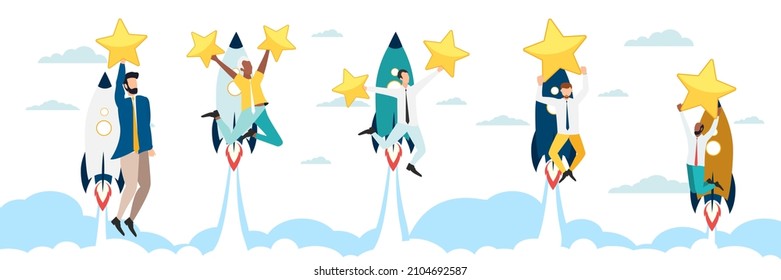 Customer testimonials, testimonials, online survey concept. A group of people evaluates the quality of customer service, writes reviews, leaves reviews. People on rockets in the sky. Vector