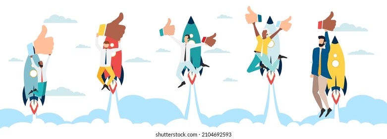 Customer testimonials, testimonials, online survey concept. A group of people evaluates the quality of customer service, writes reviews, leaves reviews. People on rockets in the sky. Vector