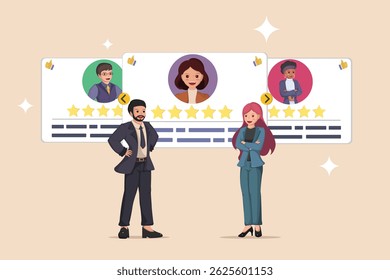 Customer Testimonials and Ratings Business Professionals Presenting Positive Feedback with Five Star Reviews and Thumbs-Up Icons from Satisfied Clients.