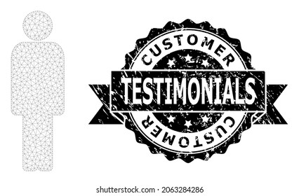 Customer Testimonials rubber seal print and vector person mesh model. Black stamp seal contains Customer Testimonials text inside ribbon and rosette. Abstract 2d mesh person, built from flat mesh.