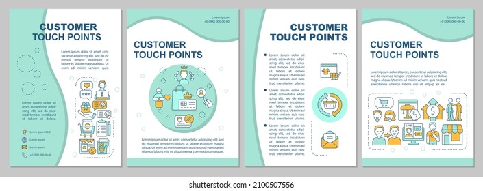 Customer Touch Points Mint Brochure Template. Client Service. Booklet Print Design With Linear Icons. Vector Layouts For Presentation, Annual Reports, Ads. Arial-Black, Myriad Pro-Regular Fonts Used