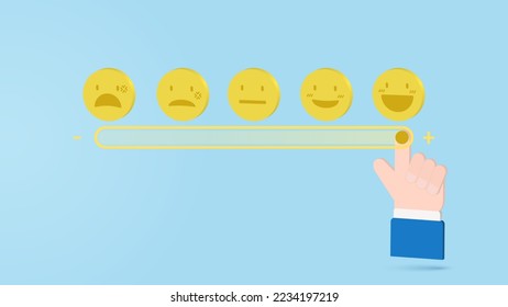 Customer touching loading bar for rating feedback scale. Loading giving smile emoticon. Service rating, feedback, satisfaction concept. Vector illustration