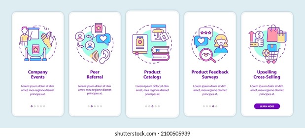 Customer touchpoints onboarding mobile app screen. Product promo walkthrough 5 steps graphic instructions pages with linear concepts. UI, UX, GUI template. Myriad Pro-Bold, Regular fonts used