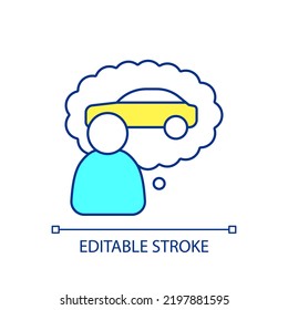 Customer transportation needs RGB color icon. Person dreaming of new car. Choosing automobile. Isolated vector illustration. Simple filled line drawing. Editable stroke. Arial font used
