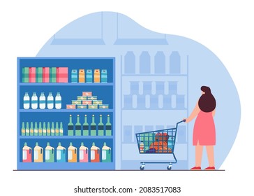 Customer with trolley buying variety of food in grocery store. Woman choosing goods on shelves of supermarket, standing in aisle flat vector illustration. Hypermarket department, consumerism concept
