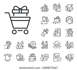 Customer trolley sign. Cash money, loan and mortgage outline icons. Shopping cart with gift line icon. Supermarket sale symbol. Shopping trolley line sign. Credit card, crypto wallet icon. Vector