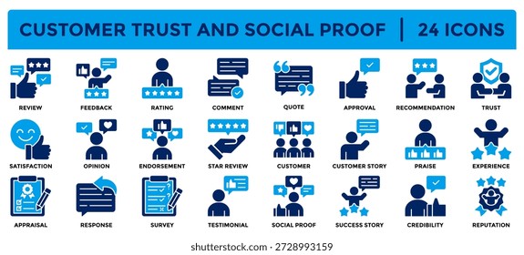Sammlung von Symbolen für Customer Trust und Social Proof. Enthält Symbole für Überprüfung, Feedback, Zitat, Empfehlung, Vertrauen, Antwort, Glaubwürdigkeit, Bestätigung. Einfache, flache Vektorgrafik.	