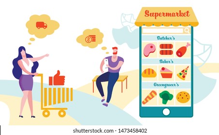 Customer Use Mobile Application for Online Purchase Service, Woman with Trolley and Man with Mobile at Huge Smartphone with Products on Screen, Shopping, Delivery, Cartoon Flat Vector Illustration