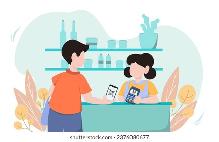 El cliente utiliza un sistema de pago móvil sin efectivo o escanea código qr. Caracteres que utilizan el servicio de banca digital y la aplicación Pago sin contacto. ilustración vectorial.