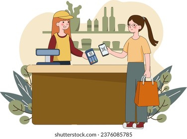 El cliente utiliza un sistema de pago móvil sin efectivo o escanea código qr. Caracteres que utilizan el servicio de banca digital y la aplicación Pago sin contacto. ilustración vectorial.