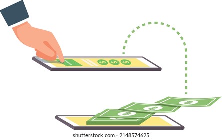 Customer use modern smartphone with processing of mobile transfer on the screen. Flat vector illustration.