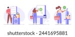 Customer use self-service checkout. Man with shopping cart buying with automated self-checkout terminal. Set of contactless payment, cashless paying, checkout self service. Vector illustration