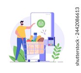 Customer use self-service checkout. Man with shopping cart buying with automated self-checkout terminal. Concept of contactless payment, cashless paying, checkout self service. Vector illustration
