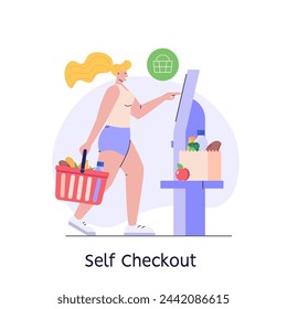 Customer use self-service checkout. Man with shopping cart buying with automated self-checkout terminal. Concept of contactless payment, cashless paying, checkout self service. Vector illustration