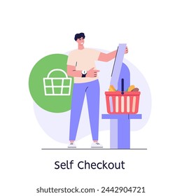 El cliente utiliza el proceso de pago y envío de autoservicio. Hombre con carrito de compras comprando con terminal automático de auto-pago. Concepto de pago sin contacto, pago sin efectivo, autoservicio de pago. Ilustración de vector
