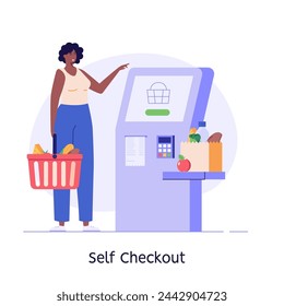 El cliente utiliza el proceso de pago y envío de autoservicio. Hombre con carrito de compras comprando con terminal automático de auto-pago. Concepto de pago sin contacto, pago sin efectivo, autoservicio de pago. Ilustración de vector