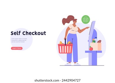 Customer use self-service checkout. Man with shopping cart buying with automated self-checkout terminal. Concept of contactless payment, cashless paying, checkout self service. Vector illustration