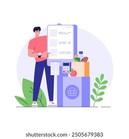 Customer use self-service checkout. Man with shopping cart buying with automated self-checkout terminal. Concept of contactless payment, cashless paying, checkout self service. Vector illustration