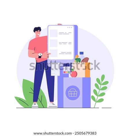 Customer use self-service checkout. Man with shopping cart buying with automated self-checkout terminal. Concept of contactless payment, cashless paying, checkout self service. Vector illustration