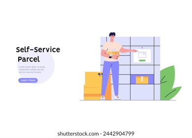 Der Kunde verwendet das Self-Service-Postterminal. Mann mit Paketöffnungs-Schließfach oder Aufbewahrung. Konzept der automatisierten Service Paket, Post-Zustellung. Selbstbedienung für den Online-Kauf. Vektorgrafik