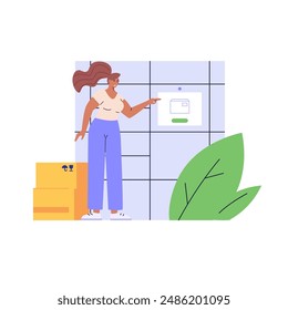 Customer use self-service post terminal. Man with parcel opening locker or storage. Concept of automated service parcel, post delivery service. Self-service for online purchase. Vector illustration