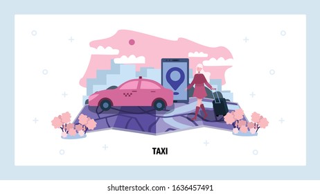 Customer uses mobile phone to order taxi service. Transport technology concept. Taxi car navigation map. Vector web site design template. Landing page website concept illustration