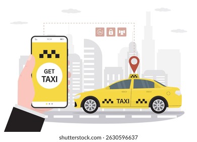 Customer uses mobile phone for ordering taxi, online app. Smartphone user interface with transport service. Yellow cab on city view, passenger vehicle, digital technology. vector illustration
