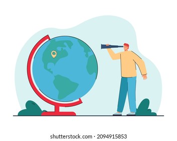 Customer using GPS navigation app with world map. Tiny man looking through telescope at point on globe flat vector illustration. Travel direction concept for banner, website design or landing web page