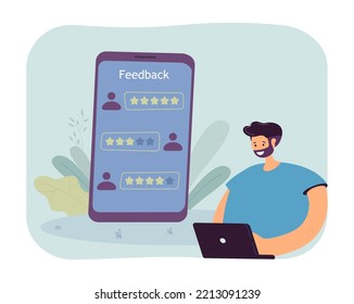 Customer using mobile app in phone to check online review. Tiny man with laptop ranking experience flat vector illustration. Feedback, evaluation concept for banner, website design or landing web page