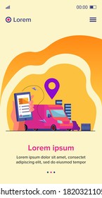 Customer using mobile app for tracking order delivery. Human hand with smartphone and courier van on street with map pointer above. Vector illustration for gps, logistics, service concept