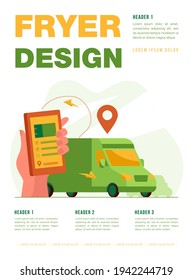 Customer using mobile app for tracking order delivery. Human hand with smartphone and courier van on street with map pointer above. Vector illustration for gps, logistics, service concept
