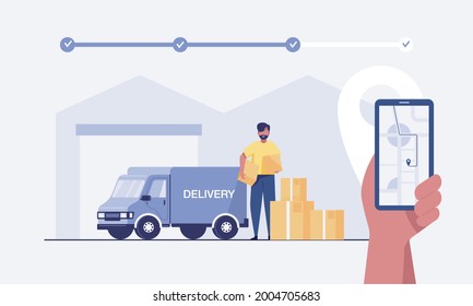 Customer using mobile app for tracking order delivery. vector illustration
