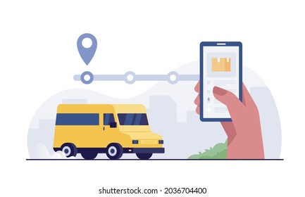 Customer using mobile app for tracking order delivery. Human hand with smartphone.