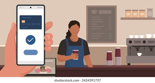 Customer using a mobile wallet on smartphone and paying in a coffee shop