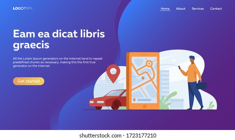 Customer using online app for taxi order or car rent. Man searching cab on city map. Vector illustration for car sharing service, city transportation, application concept