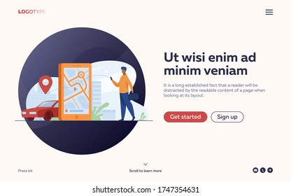 Cliente que usa una aplicación en línea para pedido de taxi o alquiler de coche. Hombre buscando taxi en el mapa de la ciudad. Ilustración de vectores para el servicio de uso compartido de automóviles, transporte de la ciudad, concepto de aplicación