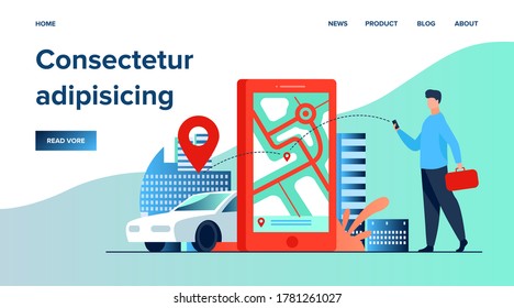 Cliente que usa una aplicación en línea para pedido de taxi o alquiler de coche. Hombre buscando taxi en el mapa de la ciudad. Ilustración de vectores para el servicio de uso compartido de automóviles, transporte de la ciudad, concepto de aplicación