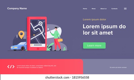 Customer using online app for taxi order or car rent. Man searching cab on city map. Vector illustration for car sharing service, city transportation, application concept