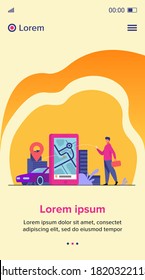 Cliente que usa una aplicación en línea para pedido de taxi o alquiler de coche. Hombre buscando taxi en el mapa de la ciudad. Ilustración de vectores para el servicio de uso compartido de automóviles, transporte de la ciudad, concepto de aplicación