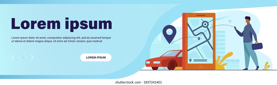 Cliente que usa una aplicación en línea para pedido de taxi o alquiler de coche. Hombre buscando taxi en el mapa de la ciudad. Ilustración de vectores para el servicio de uso compartido de automóviles, transporte de la ciudad, concepto de aplicación