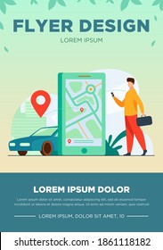 Cliente que usa una aplicación en línea para pedido de taxi o alquiler de coche. Hombre buscando taxi en el mapa de la ciudad. Ilustración de vectores para el servicio de uso compartido de automóviles, transporte de la ciudad, concepto de aplicación