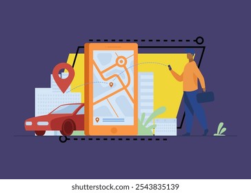 Cliente utilizando App en línea para la orden de taxi o alquiler de coches. Hombre buscando taxi en el mapa de la ciudad. Ilustración vectorial para el servicio de coche compartido, transporte de la ciudad, concepto de aplicación