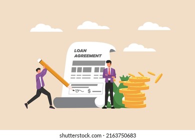 Customer using pen to sign a money loan agreement in front of a bank employee. Business Agreement Concept. Colored flat graphic vector illustration.