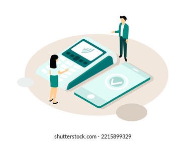 Kunden, die das Telefon für Zahlung, bargeldlose Technologie und Geldtransfer Konzept, Vektorgrafik.