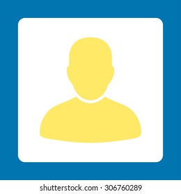 Customer vector icon. This flat rounded square button uses yellow and white colors and isolated on a blue background.